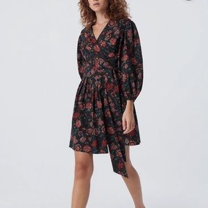 Barbe Puffed Sleeves Poplin Mini Wrap Dress in Punk Flower